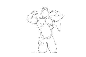 Man shows off body after keto diet. Keto concept one-line drawing