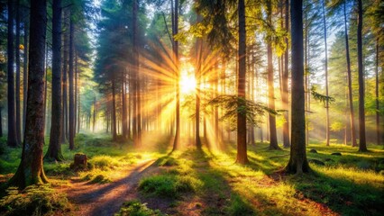 Obraz premium Sunbeams Through Forest Trees