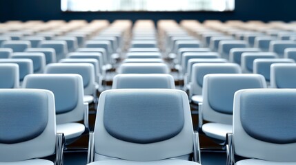 Fototapeta premium Modern conference room seating arrangement with rows of sleek, white chairs, creating sense of order and anticipation for event. 