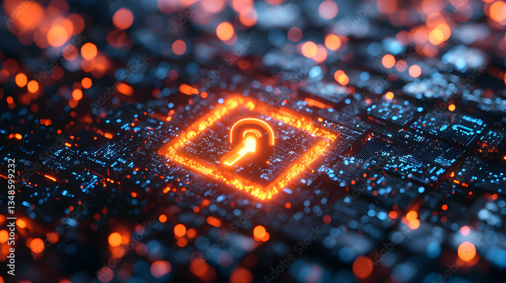 Aufkleber a glowing key icon inside a square on a circuit board symbolizes cybersecurity and data protection. 