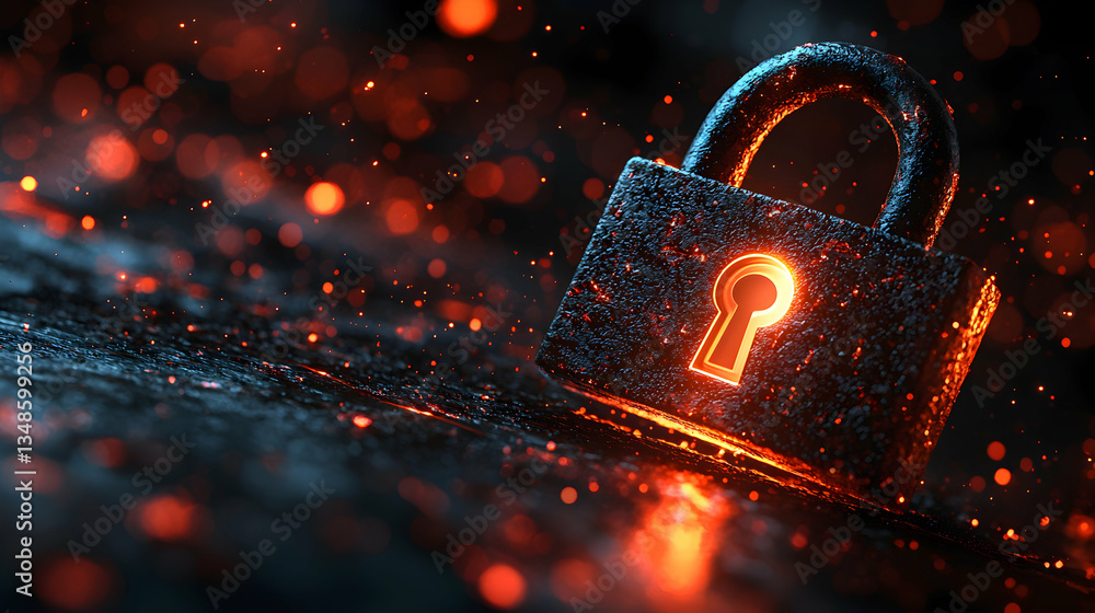 Aufkleber a dark metallic padlock glows with fiery embers reflecting security and protection. ideal for cybers