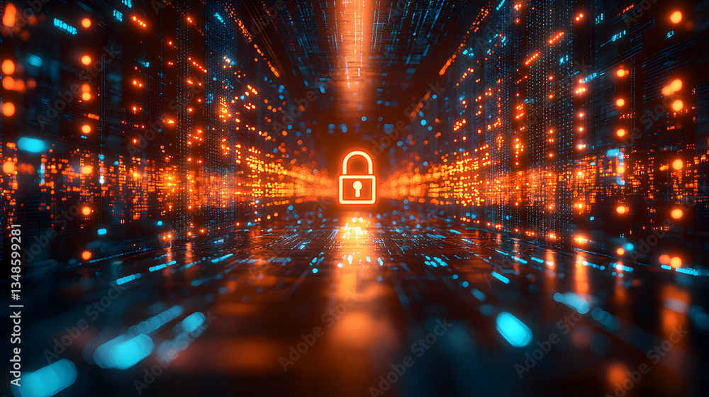 Aufkleber futuristic digital security concept with a glowing lock icon in a server room. ideal for cybersecuri