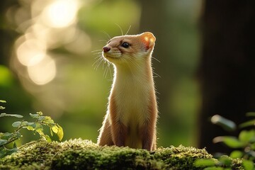 Fototapeta premium A small, light brown weasel sits on a mossy surface in a forest, bathed in the golden light of the setting sun.