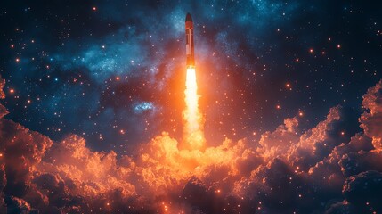 A giant catapult launching abstract satellite shapes into a starry sky, symbolizing the concept of space technology and innovation. 