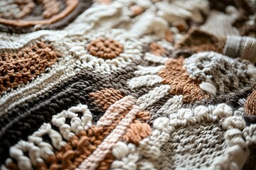 A mesmerizing close-up of knitted wool reveals exquisite patterns and intricate textures in a luxurious, earthy color palette