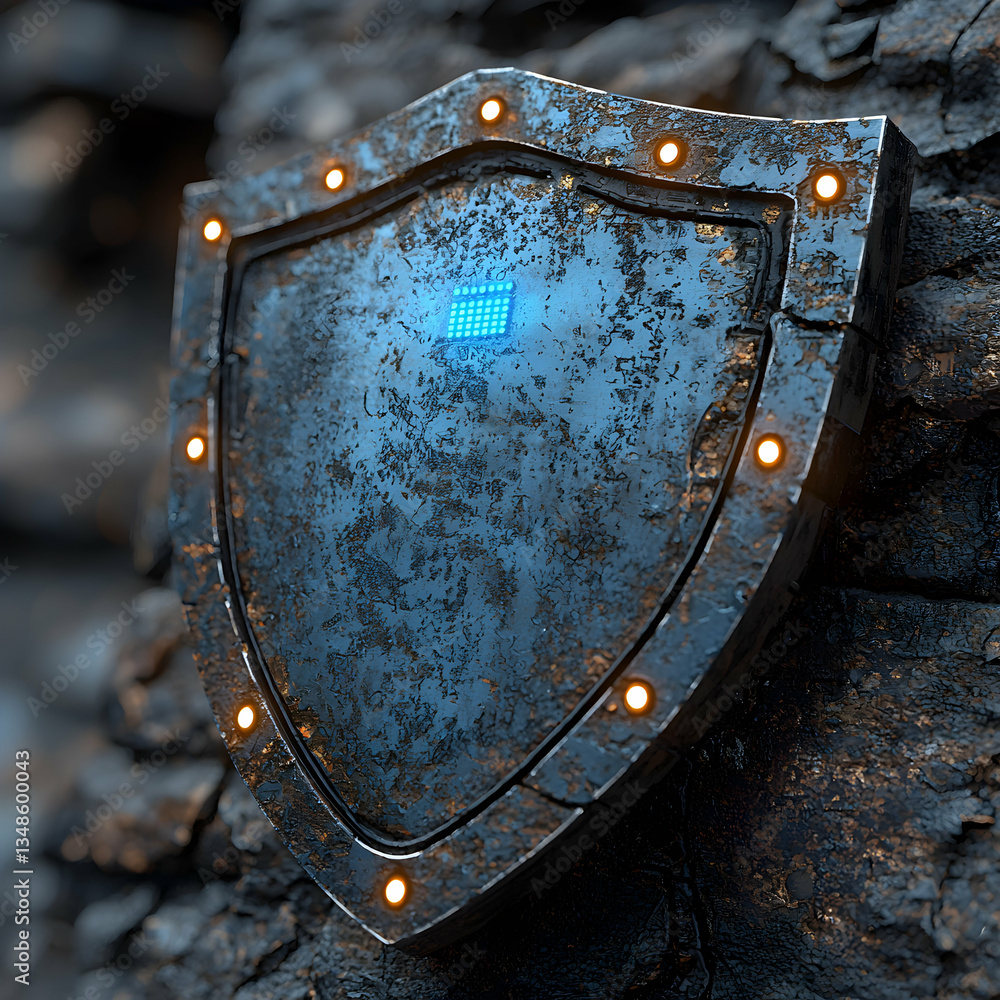 Aufkleber a weathered metallic shield with glowing lights evokes a sense of robust security. ideal for cyberse