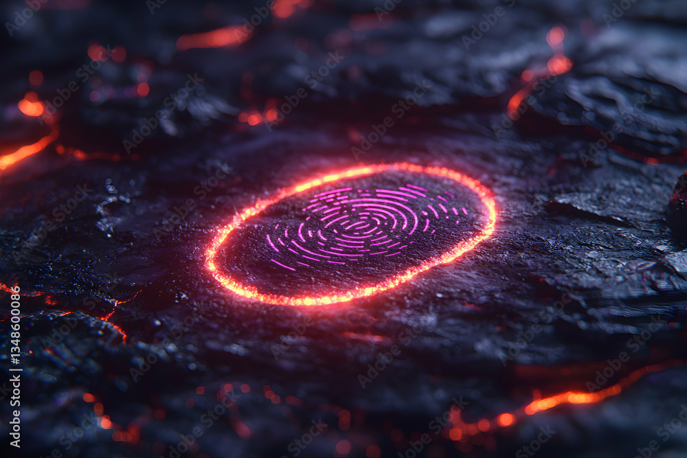 Poster a glowing fingerprint etched onto a dark rocky surface with cracks and lava. ideal for cybersecurity