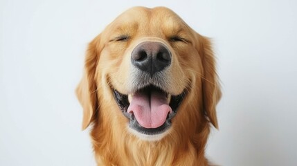 Smiling cheerful golden retriever with joyful expression, showcasing happiness and warmth. 