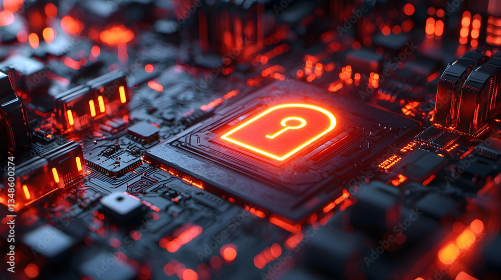 Poster a glowing red lock icon on a dark circuit board symbolizes digital security and data protection. ide