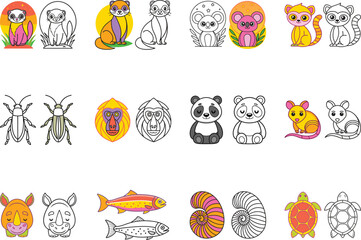 Adorable Animal Illustrations Collection Featuring Cartoon Ferrets Pandas Koalas Lemurs Insects Rhinoceroses Fish and Sea Shells