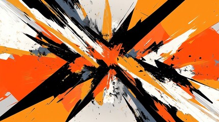 Explosive abstract design with sharp, angular lines and fragmented forms in bold orange, black, and gold, creating a dynamic and chaotic composition full of movement and intense energy.