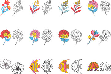 Collection of Colorful Flowers Fish and Armadillos Coloring Pages Botanical Illustrations