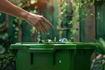 High Quality Visual of Responsible Female Hand Recycling Plastic in Green Bin