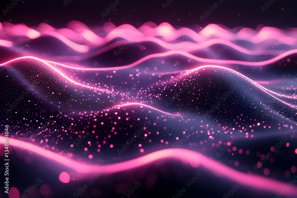 Aufkleber abstract pink glowing particles and waves. futuristic data flow. digital cyberspace background. perf