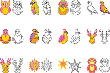 Colorful Birds Animals and Winter Holiday Designs Coloring Page Illustrations