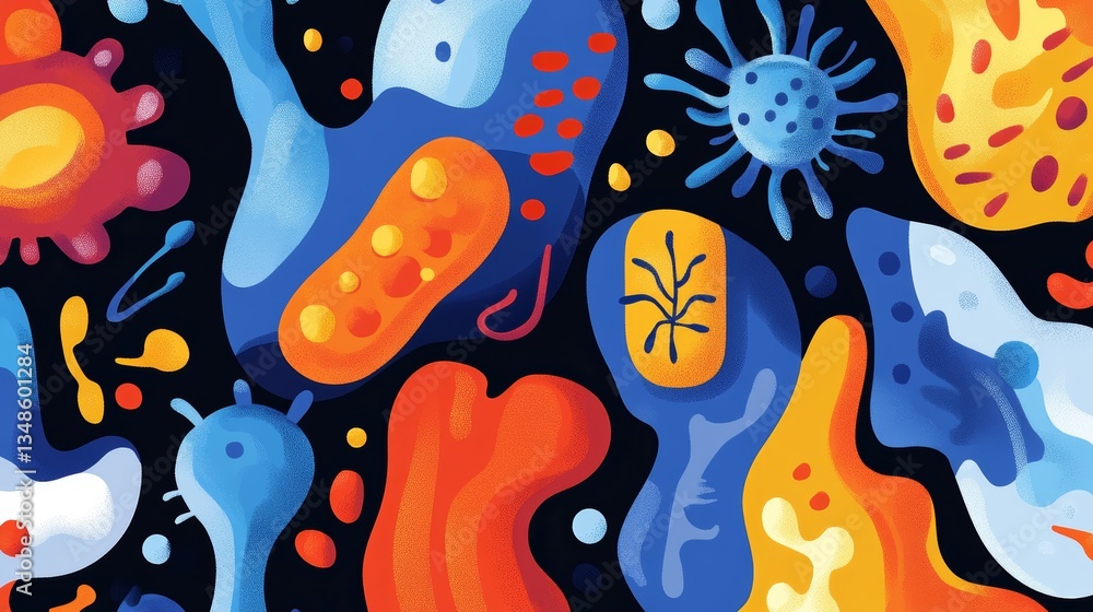 Poster abstract colorful microorganisms in vibrant patterns showcasing cellular diversity and lively intera