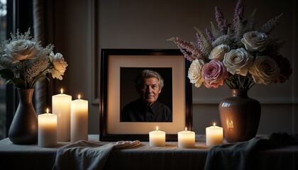  Portrait in vintage frame with candles and flowers on table.