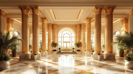 Naklejka premium Opulent entrance featuring marble pillars and golden accents high resolution picture
