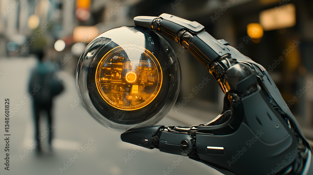 Aufkleber a robotic hand holds a transparent orb displaying an orange holographic interface. this could be use