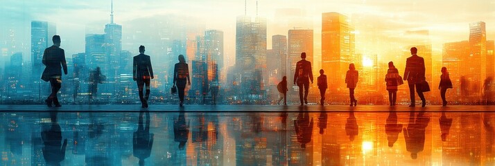Double Exposure Business People in Modern Cityscape Concept of Human Resources Digital Technology Enterprise Resource Planning