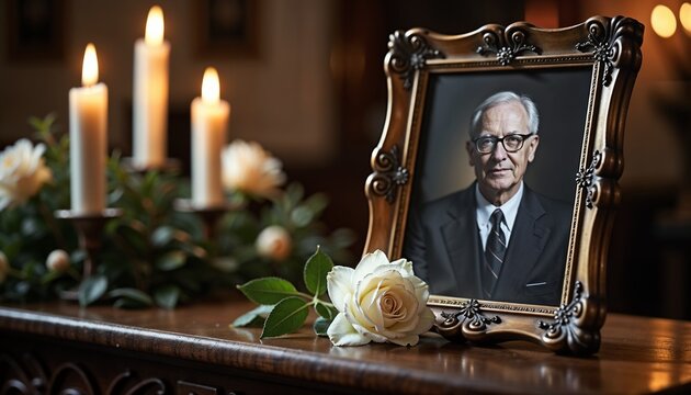 Framed portrait of an elderly man, surrounded by white lilies and candles, evoking a somber, reflective mood, commonly seen in memorial and remembrance settings.