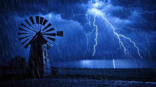 Dramatic Night Scene with Windmill and Lightning during Thunderstorm