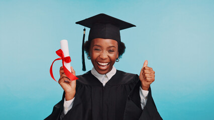 Graduation, certificate and woman with thumbs up, studio and excited for achievement, university...