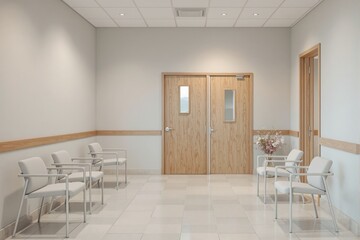 Modern hospital waiting area with white chairs, tiled floor, and wooden doors.
