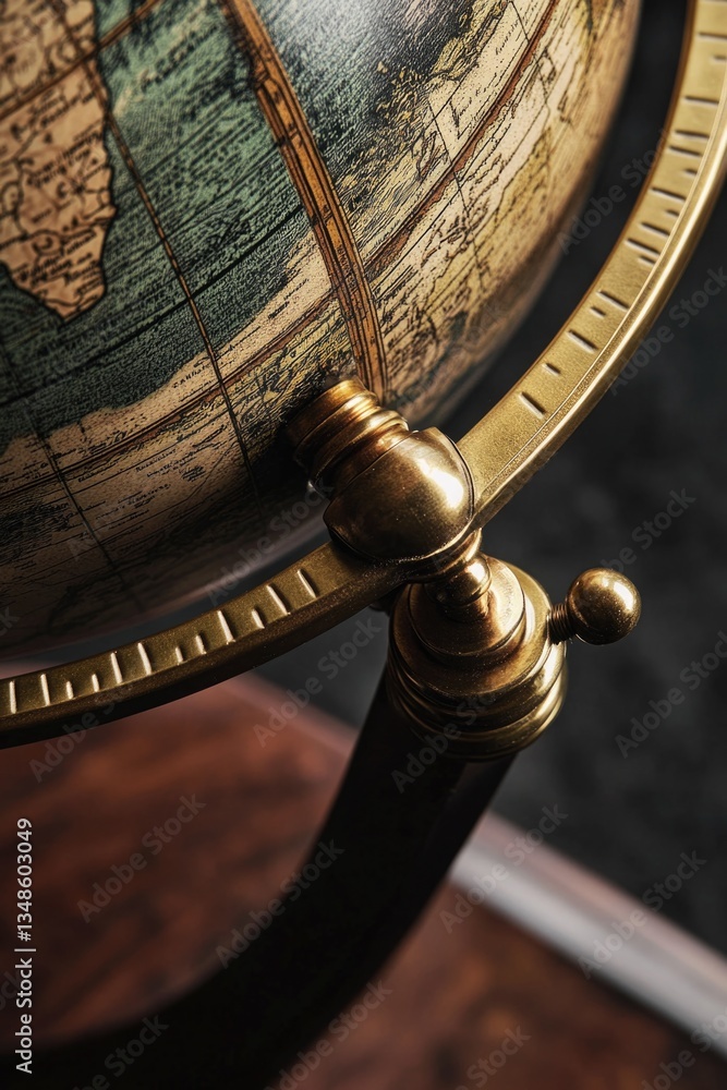 Poster a close-up view of a globe sitting on a table, ideal for use in presentations, reports, or as a deco