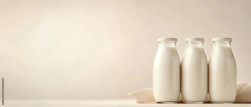 Poster Three empty milk bottles placed on a table