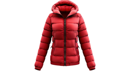 Red padded winter jacket with hood isolated on transparent background