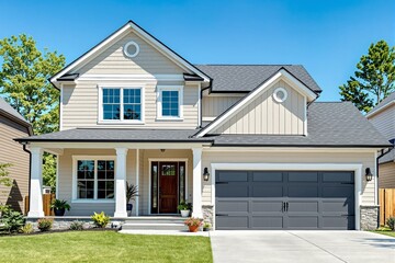 Obraz premium Modern suburban house with beige siding, gray roof, and attached garage.