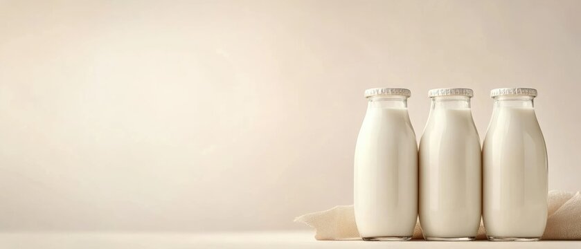 Three empty milk bottles placed on a table