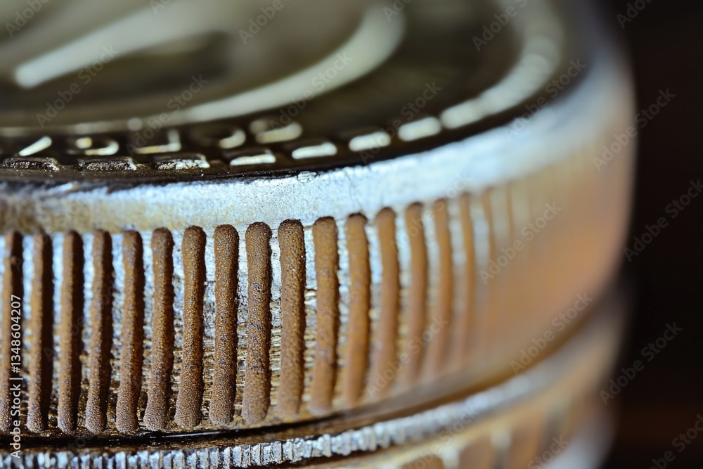 Poster a close-up view of a metal object resting on a table, suitable for use in a variety of contexts incl