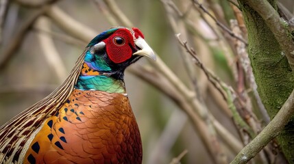 Fototapeta premium A pheasant stands in a tree branch, its feathers rustling in the breeze