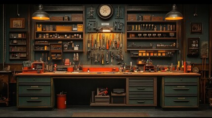 Rustic workshop tools workbench interior night