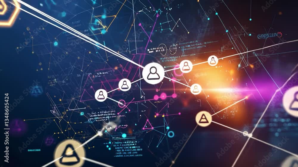 Poster digital network: conceptual depiction of interconnected nodes and lines representing a vast digital 