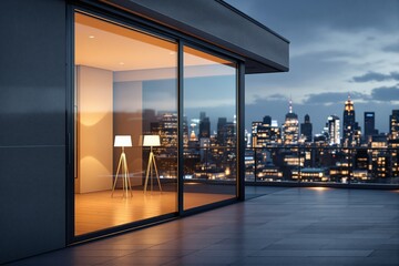 Fototapeta premium Modern apartment with glass walls and city skyline view at night.
