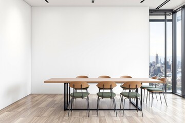 Modern office interior with blank white wall and wooden table with chairs.