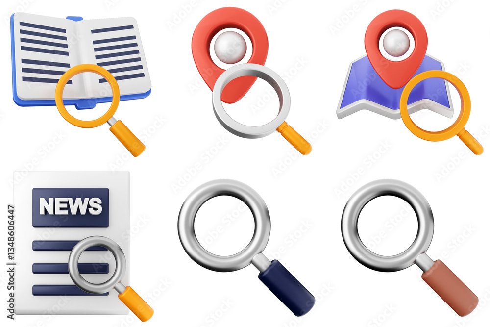 Poster 3d search scan magnifying icon bundle set
