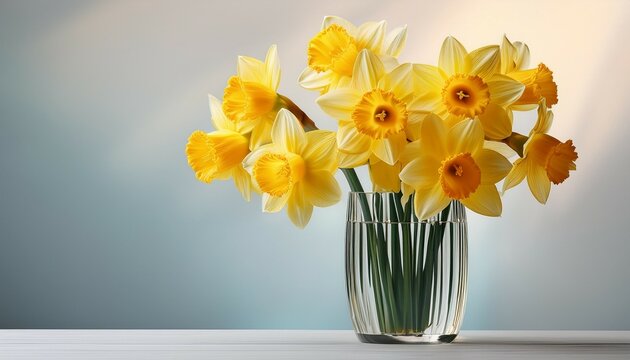 bright yellow daffodils in a clear glass vase against a soft background