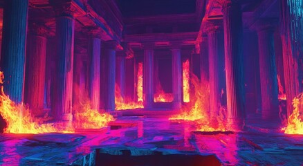 Obraz premium An ancient architectural structure engulfed in vibrant fiery flames