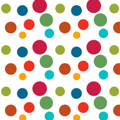 Abstract chaotic seamless pattern with colorful hand drawn polka dots on a beige background for fabric, wallpaper. Texture of messy tricolor dots tiled, red, green and yellow. 