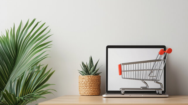 Metal shopping cart placed on laptop computer concept poster. AI artwork.