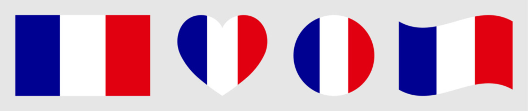 Set of France flags isolated. France flags set in square, circle, waving flag and heart shape icons various designs element. France flags collection different style. Vector illustration.