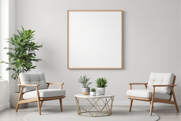 Modern interior with blank poster frame above two stylish chairs.