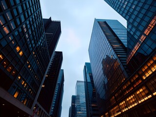 Obraz premium Corporate office buildings towers skyscrapers low angle