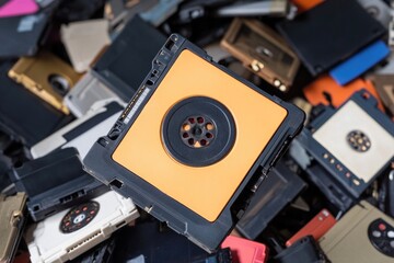 Electronic devices stacked on top of each other in a messy pile