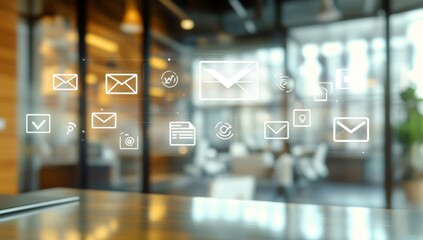 Email marketing icons displayed over a blurred office background