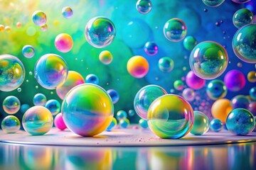Iridescent orbs float on a reflective surface, creating a vibrant and colorful scene of playful bubbles.